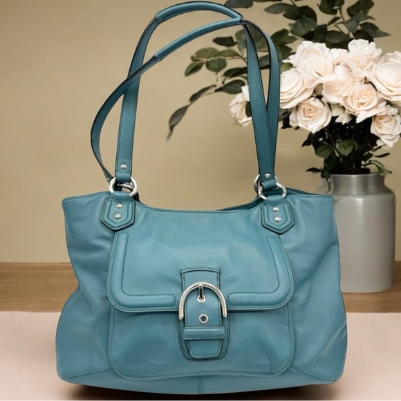 Coach Handbags - EVC Coach Campbell Belle Mineral Blue Leather Shoulder Carryall #F24961